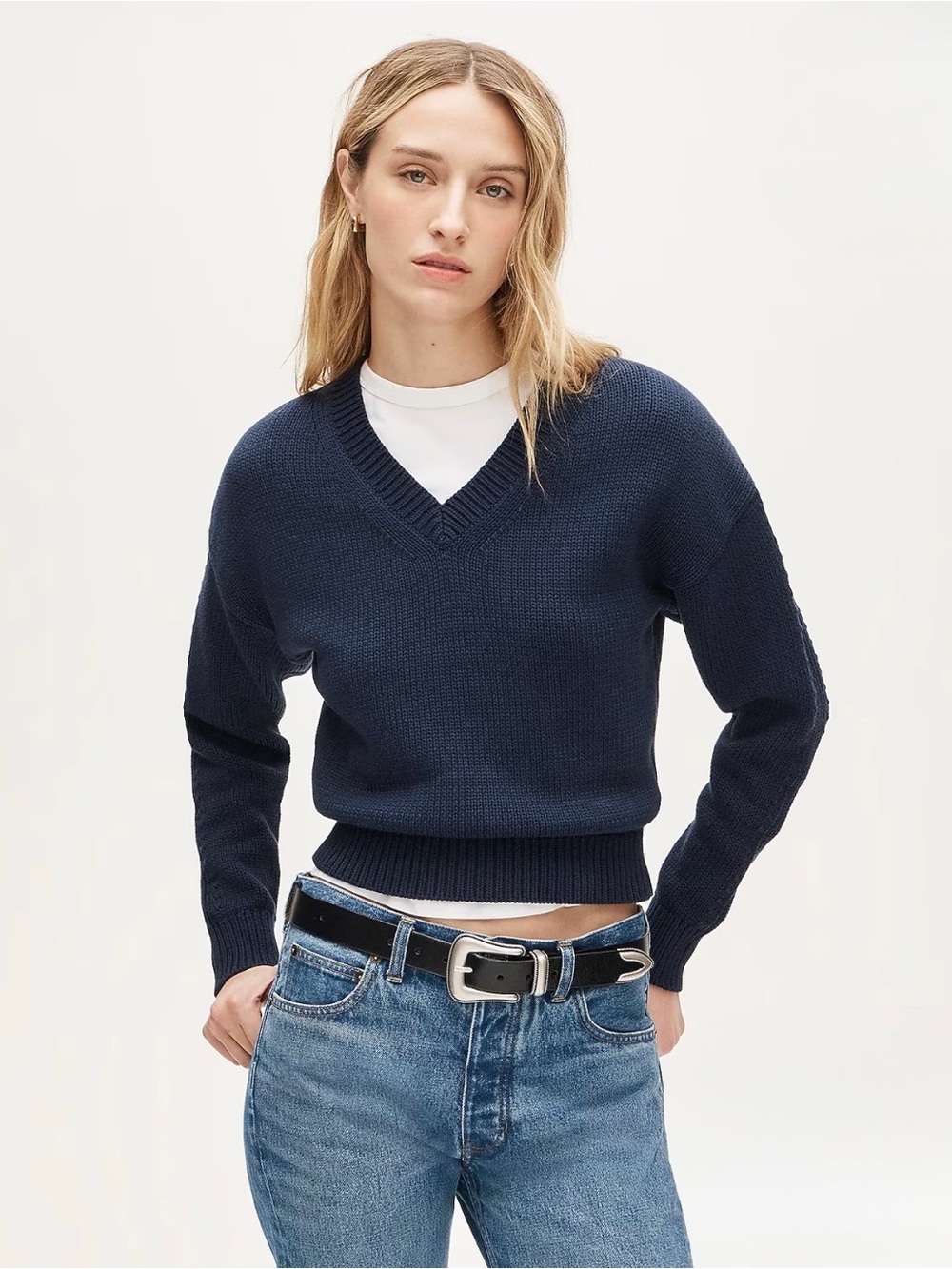 NEW J. Crew Navy Cotton-blend V-neck pullover sweater Large CR357